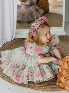 Lace Embroidery Design Girls Dress Suitable for Baptism Birthday Party Pastoral Style Dress, Flower Print Dress, Floral Printed Dress