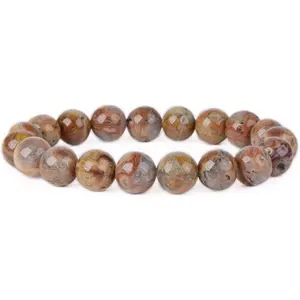 Natural Redish Crazy Lace Agate Gemstone 10mm Round Beads Stretch Bracelet 7 Inch Unisex