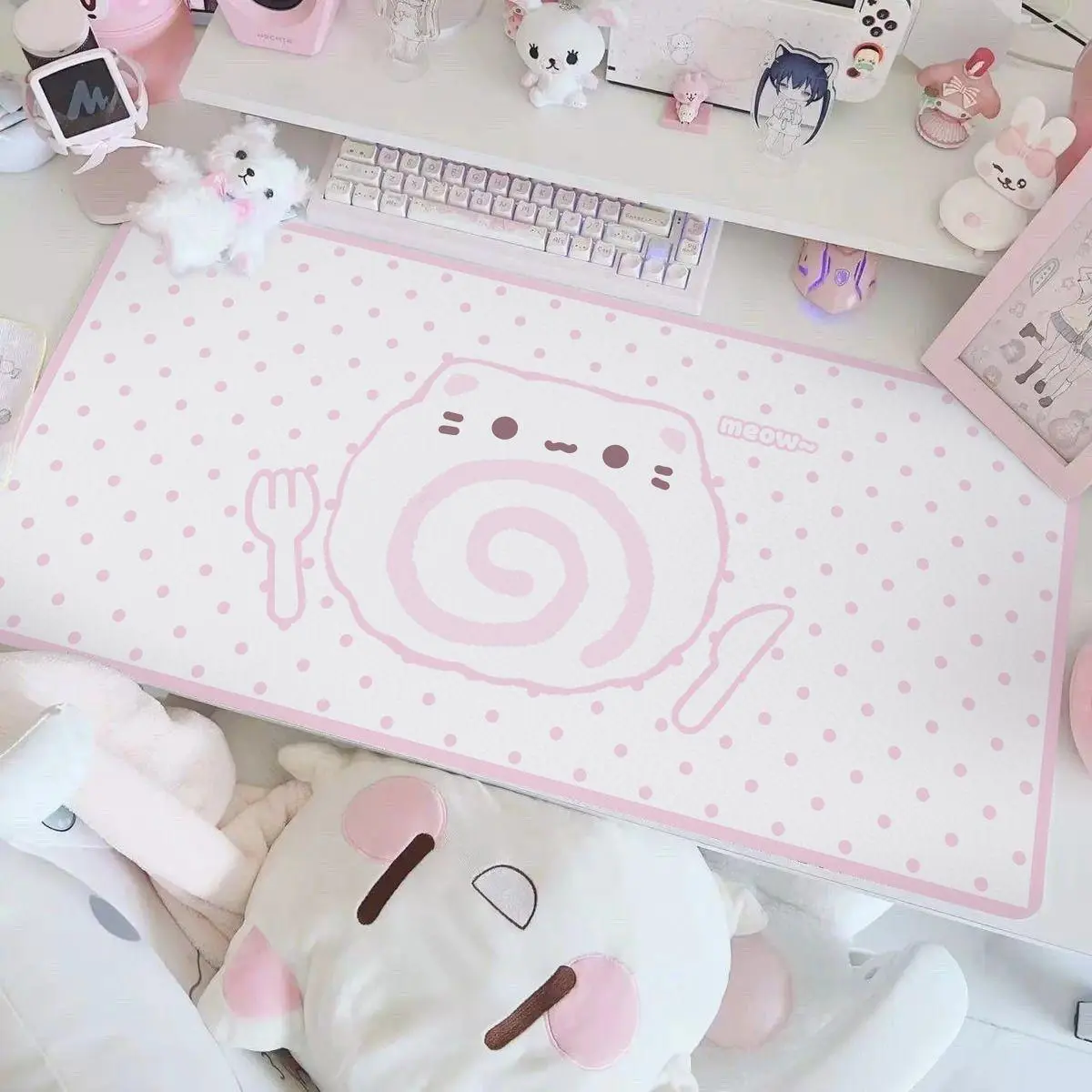PU Leather Mouse Pad Anime Pink Girl Strawberry Bunny Coffee Mouse Pad Office Desk Mat Waterproof Non-Slip PU Desk Blotter Pad