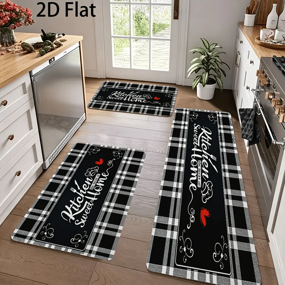 1/2/3pcs Thanksgiving Kitchen Mat Set, Black & White Checkered Kitchen Utensil Design, Soft Non-Slip Floor Rugs, Pet-Friendly Fall Harvest Decor for Kitchen, Dining Room, Living Room & Entryway,Washable Runner Rug,Large,stair