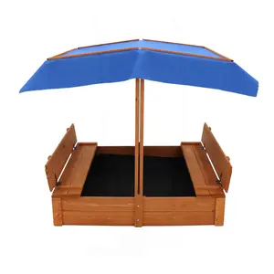 Wood Sandbox with new design retractable roof | Kids Sand Boxes for Backyard & Garden | Sand Pit for Beach Patio Outdoor | Children Sand Box with 2 Bench Seats for Aged 3-8 Years Old (Natural Wood)