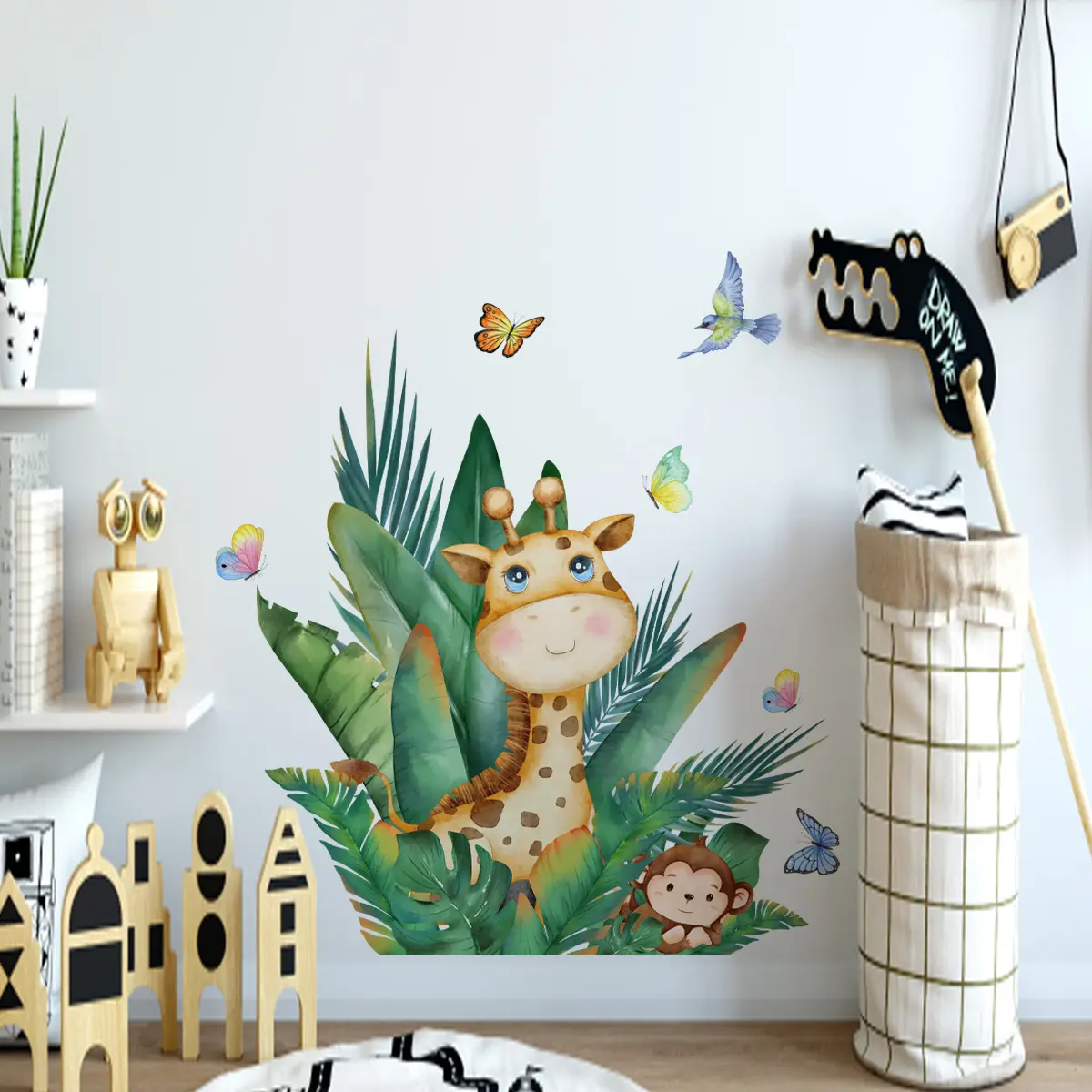 A set of two plant, fawn, animal and butterfly wall stickers for background wall, room decoration, Decorative wall sticker, self-adhesive wall stickers MS1629-YY