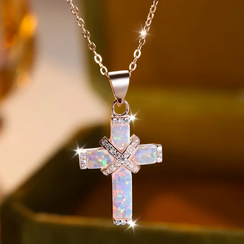 Exquisite Luxury White Australian Opal 3.5G S925 Pure Silvery Women'S Cross Necklace - Comes with a Jewelry Bag