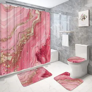 Modern Marble Pattern Shower Curtain Set, Bathroom Decor, Shower Essentials, Includes 12 Hooks, Non-Slip Bath Mat, U-Shaped Pad, Toilet Seat Cover