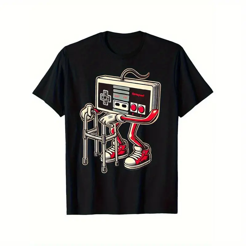 100% Cotton Men'S And Boys Retro Gaming Pattern T-Shirt - Fun Old Video Game Console Design, Black Casual T-Shirt With Red Sneakers And Cable Detail, Short Sleeves, Crew Neck, Machine Washable Golf Gift T-Shirt For Men And Women