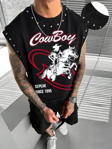 Men's Summer Graphic Print Vest, Casual Fitted Sleeveless Denim Pattern Top, Loose Fit Couple Sports Tank Shirt