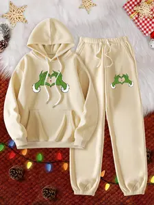Women's Christmas Green Hand Print Hoodie & Sweatpants Two-piece Set, Casual Long Sleeve Hooded Sweatshirt & Jogger Pants, Ladies Fall & Winter Clothes