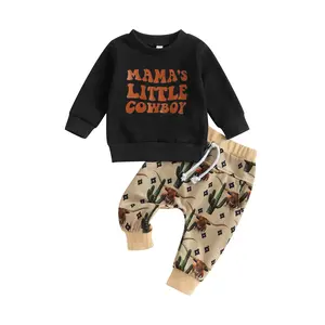 Mama's Little Cowboy 2Pcs Baby Boy Western Clothes Long Sleeve Sweatshirt + Cow Cactus Print Pants Set Toddler Outfit