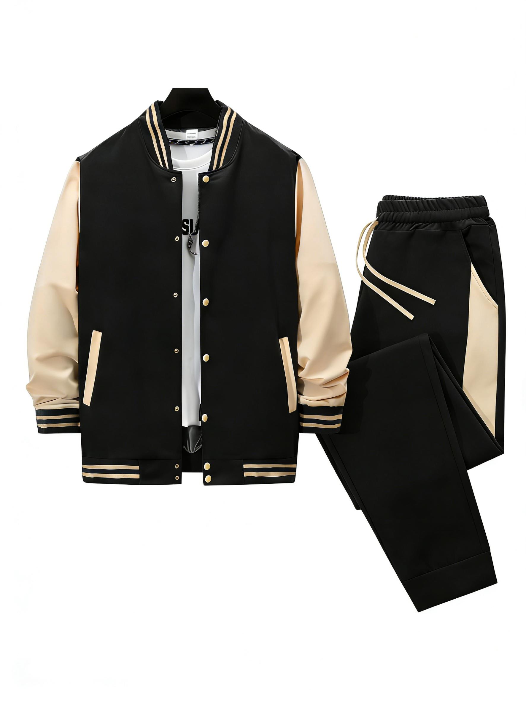 2026 New Men's Baseball Jacket Set, Color-Block Splice Stand Collar Button Cardigan with Jogger Sweatpants Two-Piece Set, Casual Trendy Spring and Autumn Sportswear, Suitable for Everyday Casual Wear