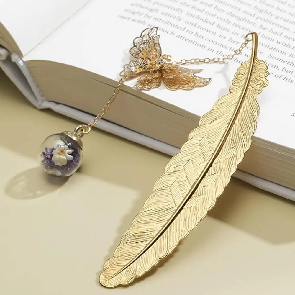 Feather Design Bookmark with Butterfly Pendant, 2 Counts/set Creative Metal Bookmark, Gift for Teacher, Birthday Gift, Party Favors