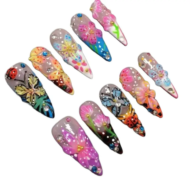 10-Piece Y2K Style Handcrafted Square Press-On Nails Set with Ladybugs Colorful Carved Butterflies Pink-Blue Flowers Yellow-Blue-White-Purple-Brown French Tips Sparkling Rhinestones WITH NAIL GLUE INCLUDED