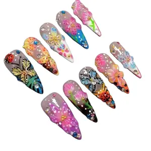 10-Piece Y2K Style Handcrafted Square Press-On Nails Set with Ladybugs Colorful Carved Butterflies Pink-Blue Flowers Yellow-Blue-White-Purple-Brown French Tips Sparkling Rhinestones WITH NAIL GLUE INCLUDED