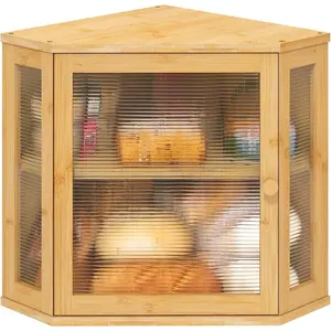 Corner Bread Box for Kitchen Counter, Bamboo Wood Large Capacity Bread Storage Bin with Acrylic Wavy Door Panel (Natural)