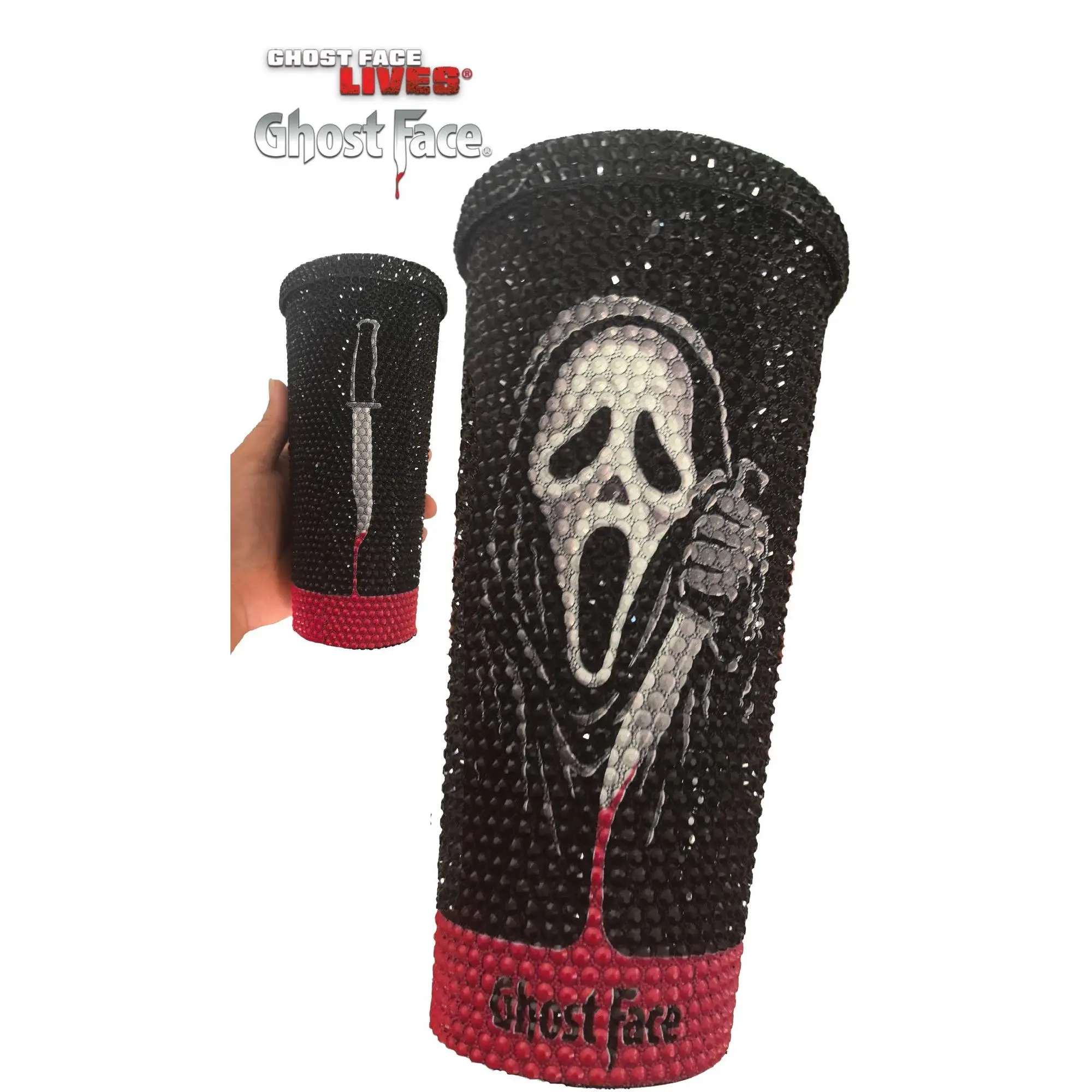 Ghost Face Bling Tumbler with Lid and Rhinestone Design