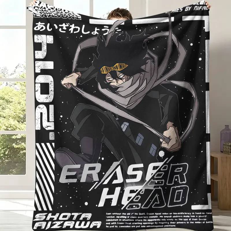 Dark Streetwear Anime Cozy Blanket, All-Over Black Star Speck Base Central Shota Aizawa Eraser Head Focal Portrait Frame Layout Anime Throw Blanket, Soft Flannel for Sofa Lounge My Hero Academia Fan Nook Space