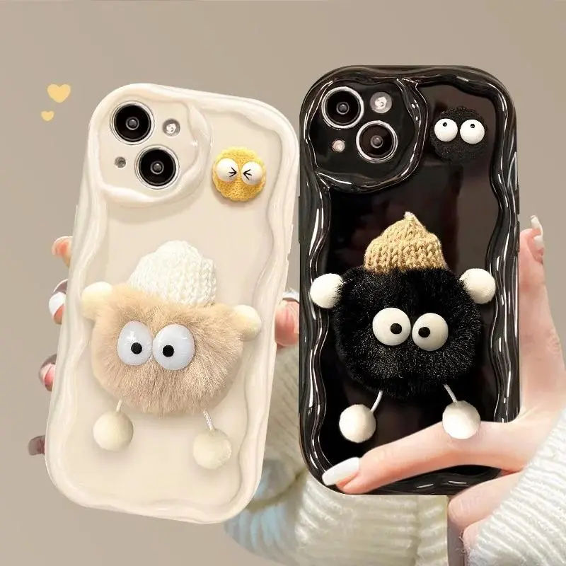Korean Cute 3D Fluffy Plush Briquettes Phone Case For iPhone 15 14 13 12 11 Pro Max X XR XS 8 7 6 6S Plus SE 2020 Wavy Cover