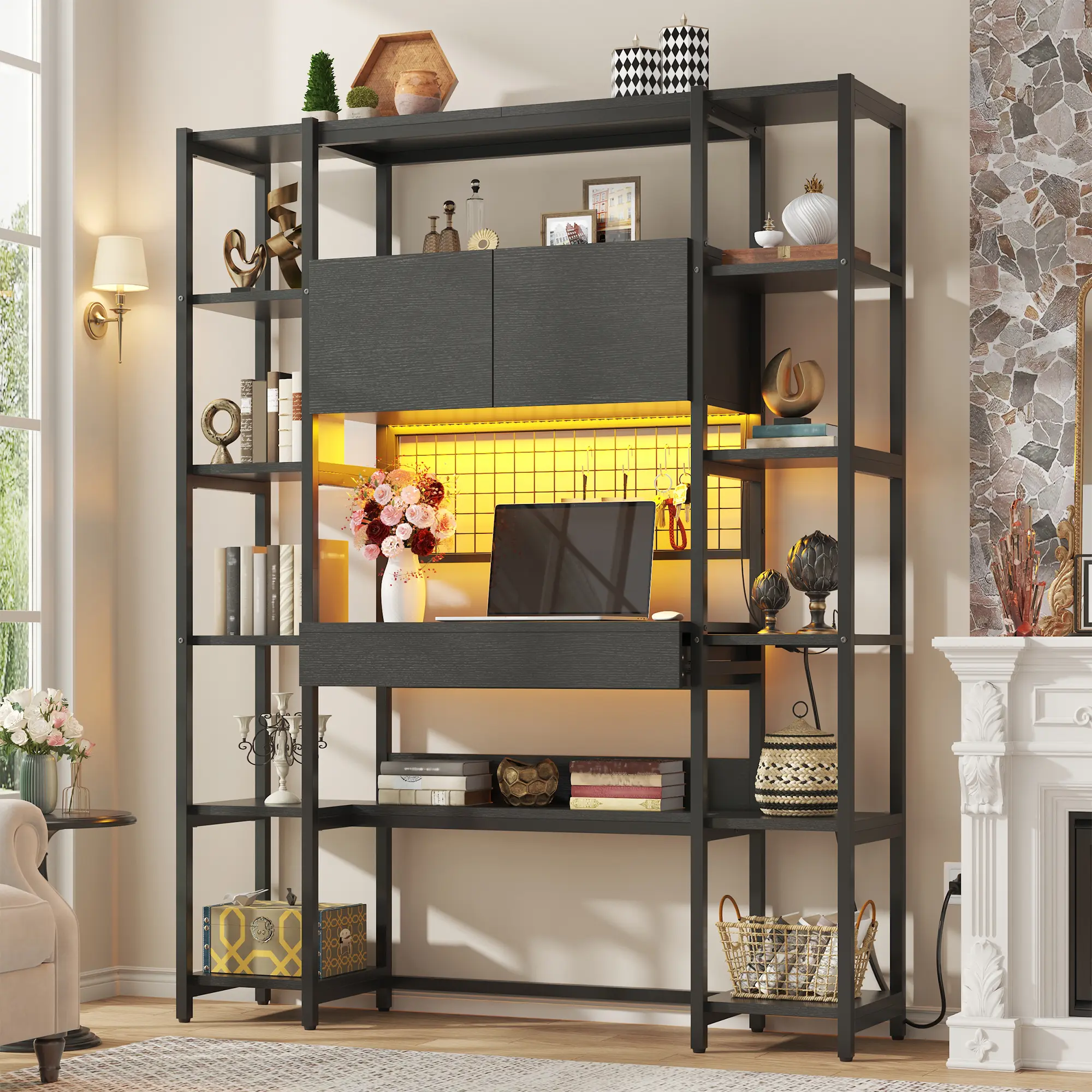 71.1" Modern Office Desk with Built-in Bookshelf & Charging Station | Smart Workstation with LED Lighting & Anti-Tip Safety | All-in-One Home Office Desk with Power Outlets