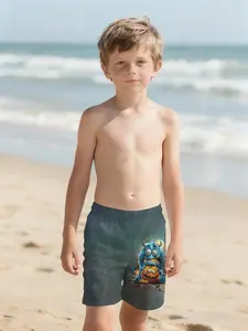 Halloween Blue Furry Monster Shorts with Digital Printing, 100% Polyester. A brand-new summer fashion item specially designed for boys: stylish boys' beach pants, summer casual children's clothing, outdoor sports beach shorts.