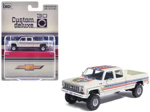 1976 Chevrolet Custom Deluxe K30 Fleetwood Pickup Truck White with Graphics 1/64 Diecast Model Car by IXO Models