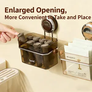 Double Suction Cup Storage Box Wall Mounted Home Organizer, Creative No Drilling Tea Color Basket, Wall Shelf for Household Items