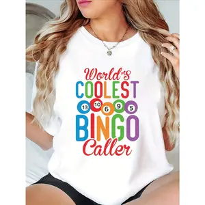 Plus Size, Women'S "World'S Coolest Bingo Caller" Graphic T-Shirt - Black Short Sleeve Crew Neck With Colorful Bingo Ball Numbers 10-75 & Bingo Caller Design, Comfortable Casual Summer Tee For Bingo Nights, Themed Parties & Casual Attire