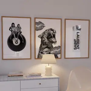 Set of 3 posters Leopard, Lips Kiss poster, Black & White Fashion Wall Art, 8 ball poster, Leopard luxury club poster, girly prints