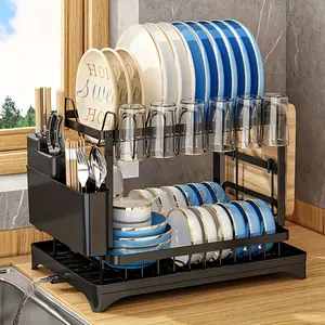 [Rustproof Dish Rack] 2-Tier Rustproof Stainless Steel Dish Rack - Space-Saving Kitchen Organizer with Drainboard & Utensil Holder for Dishes and Cutlery