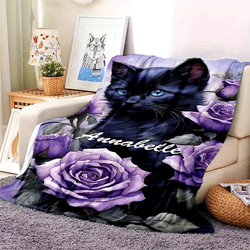 Customized Holiday Personalized Cat-Themed Soft Flannel Throw Blanket with Custom Name Tag - Cozy, Warm for Couch, Bed - Cat Lovers' Festive Home Decor Gift for Birthdays