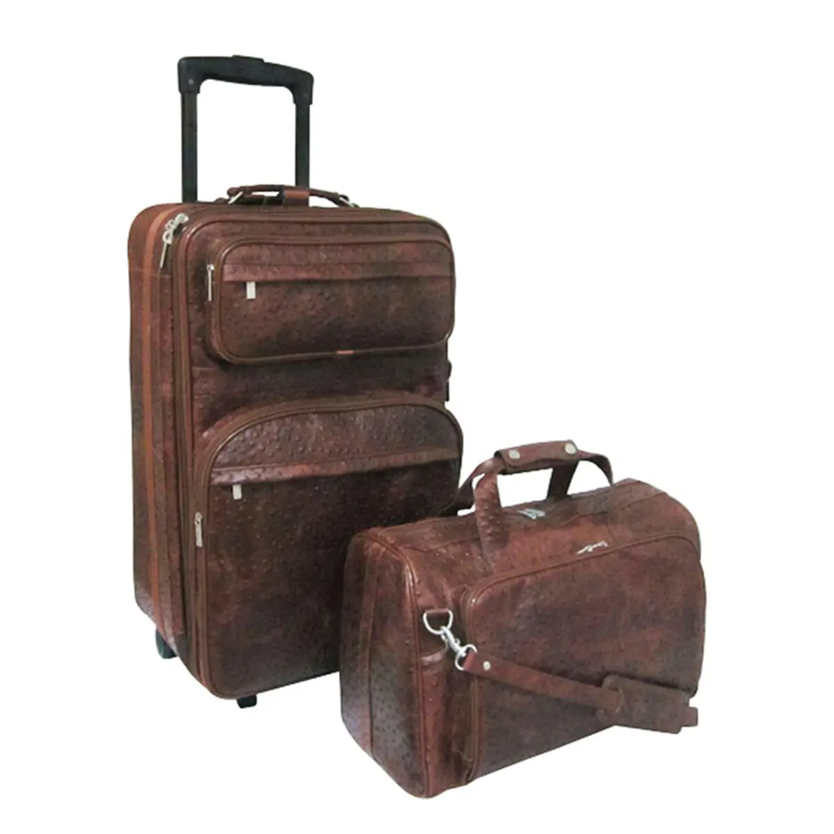 212 MAIN Ostrich Print Genuine Leather Traveler Series Luggage Set - 2-Piece Set with Push Button, Expandable Size, Zip Closure, Brown Travel Bags (Includes Genuine Leather Handbags), Two Piece Sets