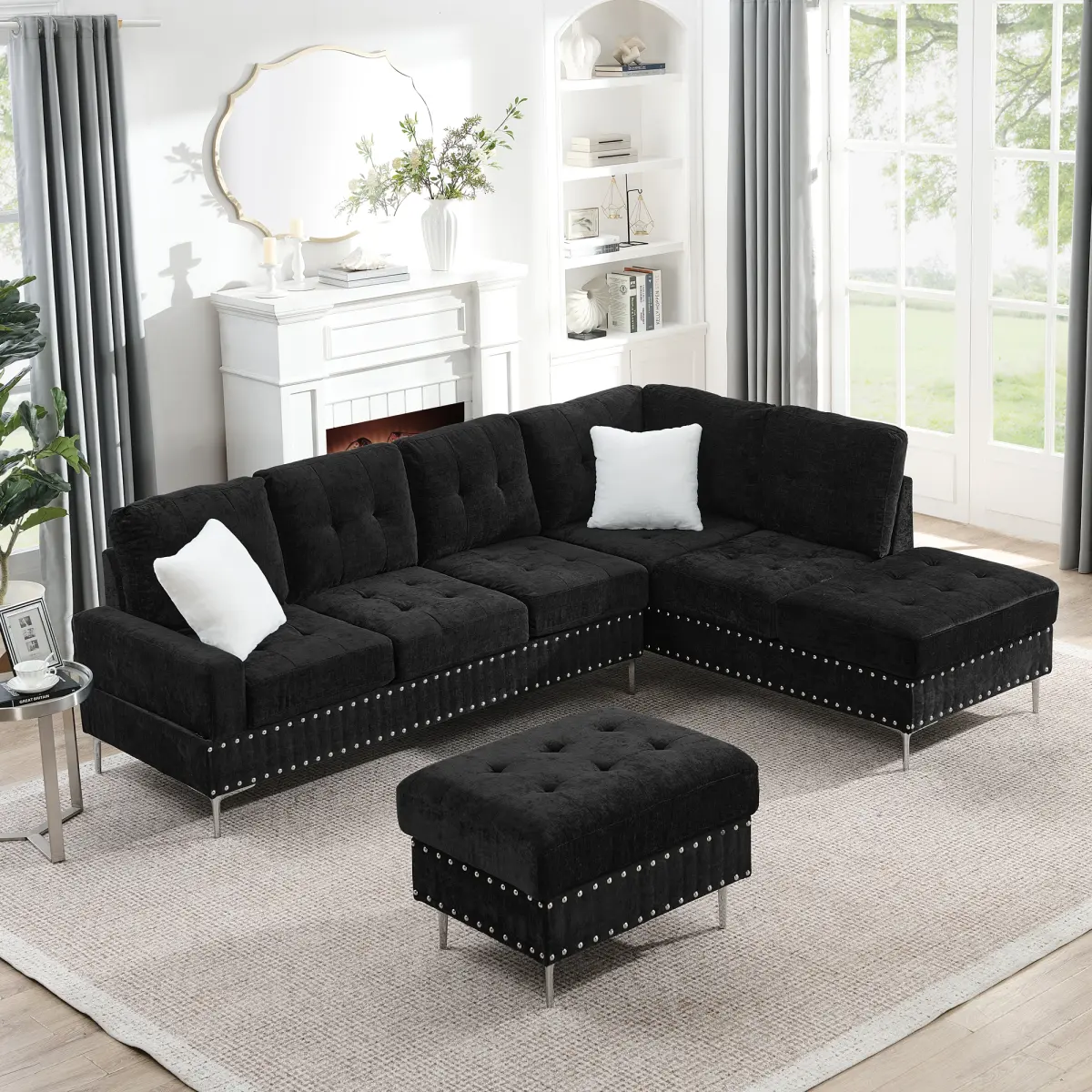 Aobtkel 102" L-Shaped Sectional Sofa with Movable Storage Ottoman, 4-Seater Chenille Couch with Chaise Lounge, Pocket Spring Foam Cushions, Metal Legs, Nailhead Trim & 2 Pillows for Living Room, Apartment, Black