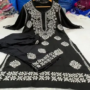 Premium Fine Chikankari Work 2pcs Sets Kurti & Plazzo Lucknowi Handwork Top Pure Rayon Fabric Elegant Design for Casual Women's Wear Asian Womenswear Clothes