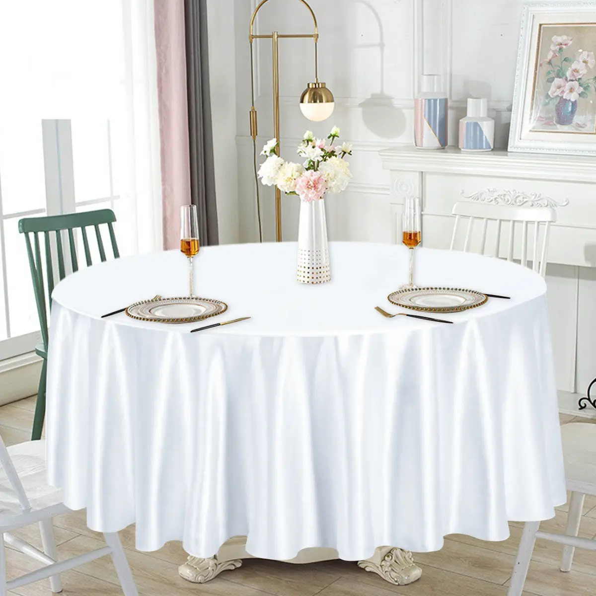 1pc Elegant Round Satin Tablecloth, White Solid Satin Tablecloth, Satin Table Cover For Round Tables, Perfect for Engagements, Weddings, Birthdays, Anniversary, Ceremony and Special Occasions