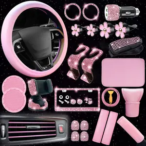 NBTEPEM 46 Pcs Bling Car Accessories Set For Women Pink Leather Steering Wheel Cover Seat Belt Covers Rhinestone Cup Holders & Air Vent Flower Decor