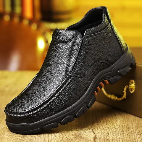 Autumn And Winter New Men's High-top Slip-on Casual Leather Shoes Thick Sole Non-slip Business Casual Shoes