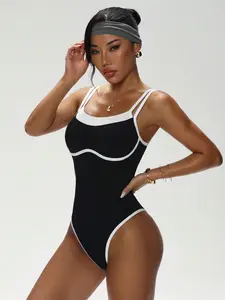 Double Strap Contrast Trim Yoga Bodysuit, Seamless Tummy Control Compression Fitness Jumpsuit, 4-Way Stretch Workout Shapewear