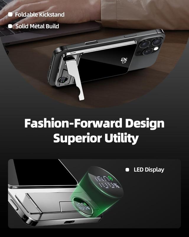 MagSafe Portable Charger 5000mAh, 20W USB-C PD Fast Charging Magnetic Power Bank with Foldable Stand & LED Display, Wireless Charging for Phone, Watch & Earbuds, Compatible with iPhone 17/16/15/14/13/12 Series