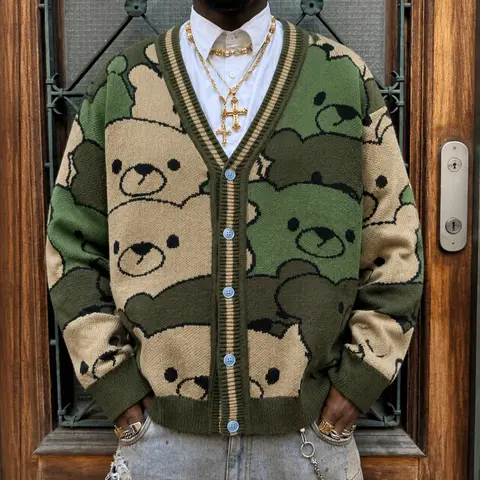 #Sohochic Men's Vintage Teddy Bear Graphic Polyester Knitwear Sweater Cardigan - Stylish Oversized V-Neck Button-Down Loose Fit Y2K Streetwear, Fall Casual Outerwear, Male Clothing Valentine's Day Layering Top
