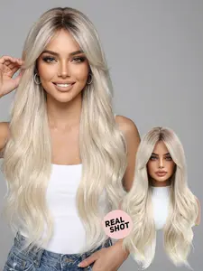 Women's Long Wave Light Gold Gradient Cosplay Synthetic Ombre Wig, Center Part with Bangs, Synthetic Fiber, Y2K Style, Easy to Maintain, Party Accessory