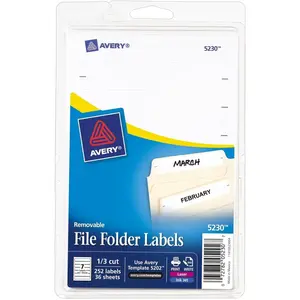File Folder Labels on 4" x 6" Sheets, Removable Adhesive, White, 2/3" x 3-7/16", 252 Labels