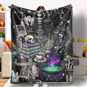 Witchcraft Elements Flannel Blanket Mystic Potion and Spellbook Print Soft Cozy Warm Fleece Throw with Moon Crystal and Black Cat Design Perfect for Bedroom Decor Halloween Parties Meditation Corners and Witchy Gift Ideas