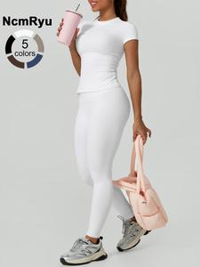 two piece women's sports suit with solid color round neck high elasticity tight fitting short sleeved pants high waist and hip lifting yoga suit suitable for indoor and outdoor sports, gym exercise training running cycling tennis golf sportswear