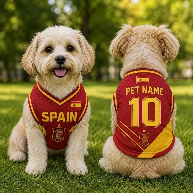 Personalized Spain Dog Jersey, Custom Pet Football Shirt with Name Number.
