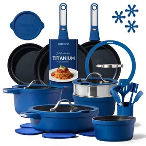 [Official]CAROTE 30pcs Sapphire Blue Pots and Pans Set Non Stick, Nonstick Cookware Set, Dishwasher/Oven/Fridge Safe Pots and Pans, Removable Handle RV Oven Safe Cookware, Induction Kitchen Set, Blue