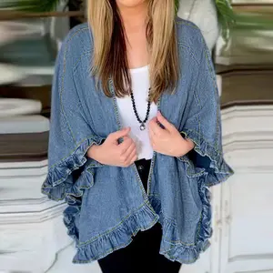 [US Shipping] MW Shiny Women's Lightweight Denim Cardigan Oversized Jean Jacket, 3/4 Sleeve Open Front Cover-Up with Ruffled Hem