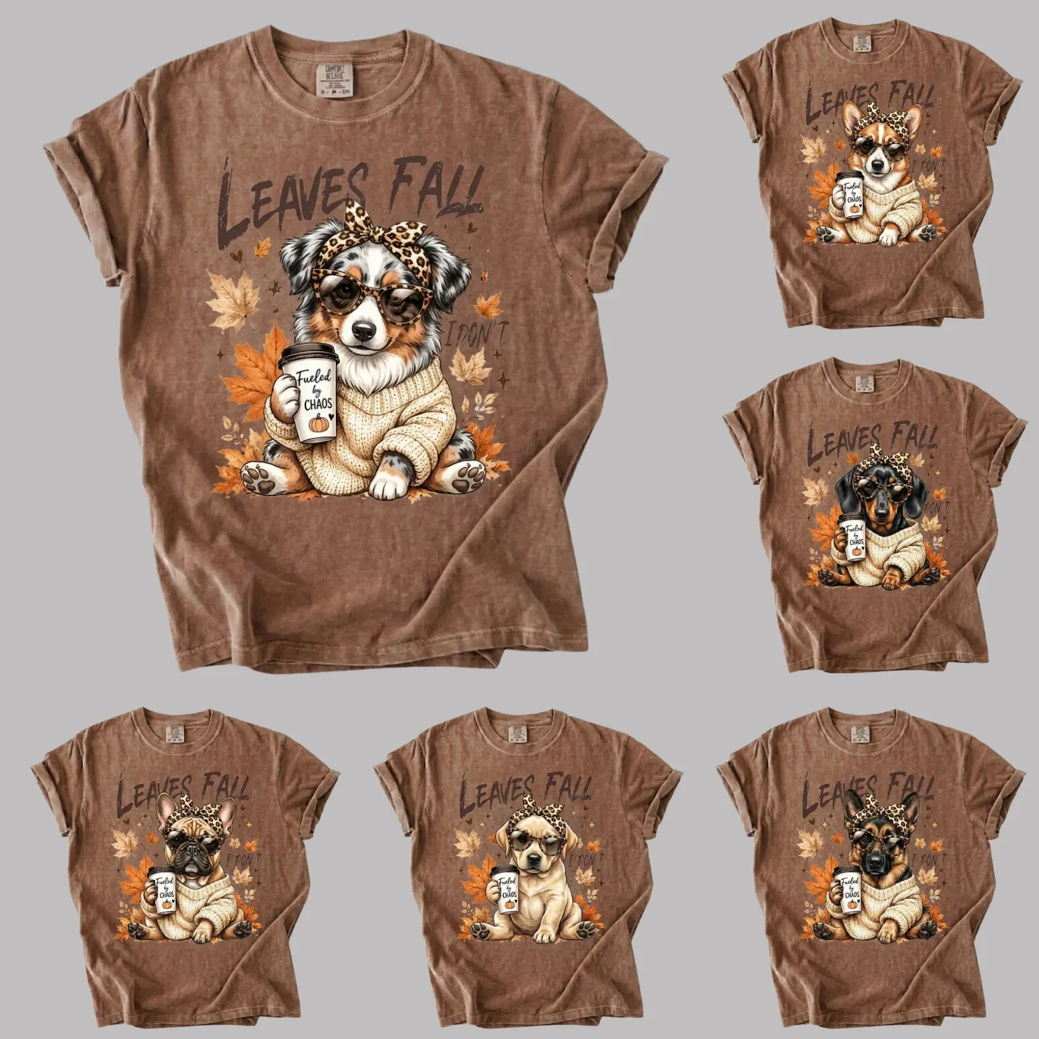 30+ Dog Breeds Leaves Fall Comfort Colors Coffee Graphic Vintage Autumn Cotton Apparel