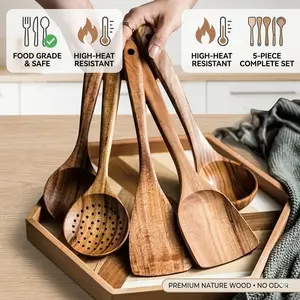 Wooden Resistant Cooking Utensils Set, 5-Piece Natural Teak Wood Kitchen Utensil Set for Heat Cooking, Nonstick Cookware Friendly Spatula and Spoon Set, Resistant & Easy to Clean, Durable Eco-Friendly Kitchen Tools for Home & Gift