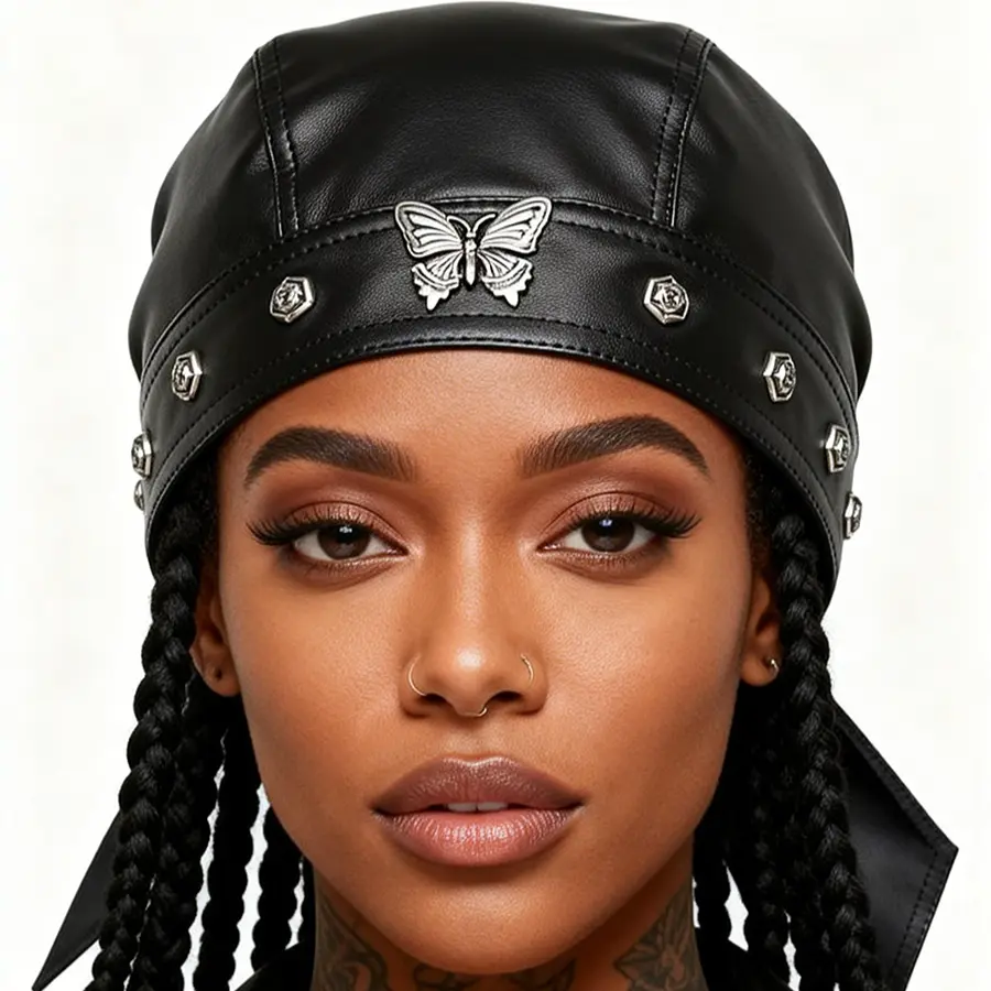 Black Leather Doo Rag with Butterfly & Rose Studs, Unisex Gothic Punk Motorcycle Headwear with Adjustable Tie-Back, Hat, Animals, Engagement, Pu Leather, Unisex Wear, Every Day, One Size Fits