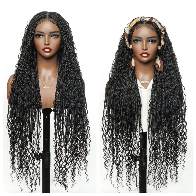 JALIZA 24" & 36"   Full lace Knotless Boho Box braids wig | Synthetic Braids with 100% Human Hair Curls | Precut Transparent Lace | 86 strands｜No Tangles | Black Women Wigs | Ombre Brown Honey Blonde