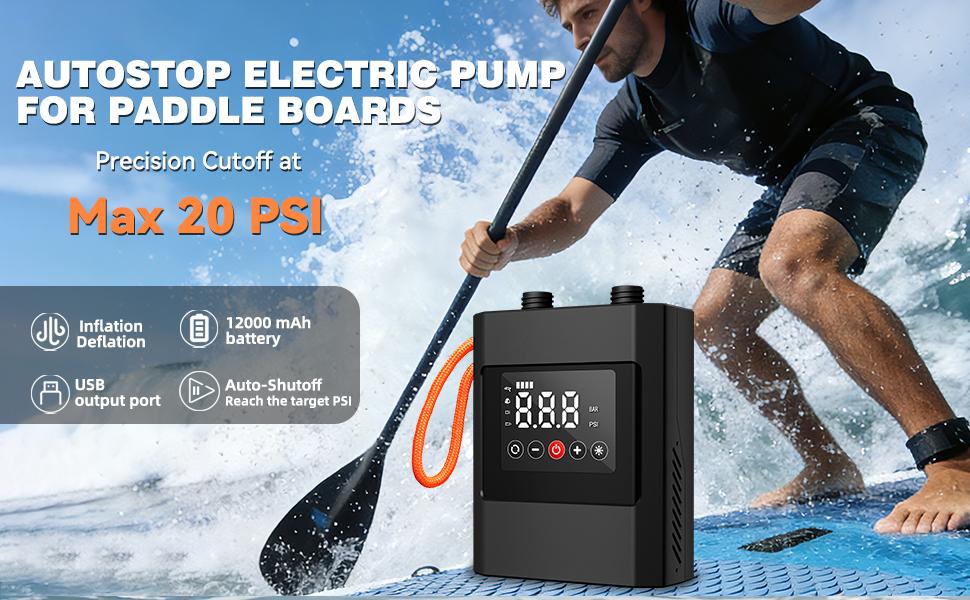 20PSI Electric High Pressure Paddle Board Pump, 12000mAh Dual-Stage Auto-Off, 12V DC Car Connector for Paddle Board Kayak Boat