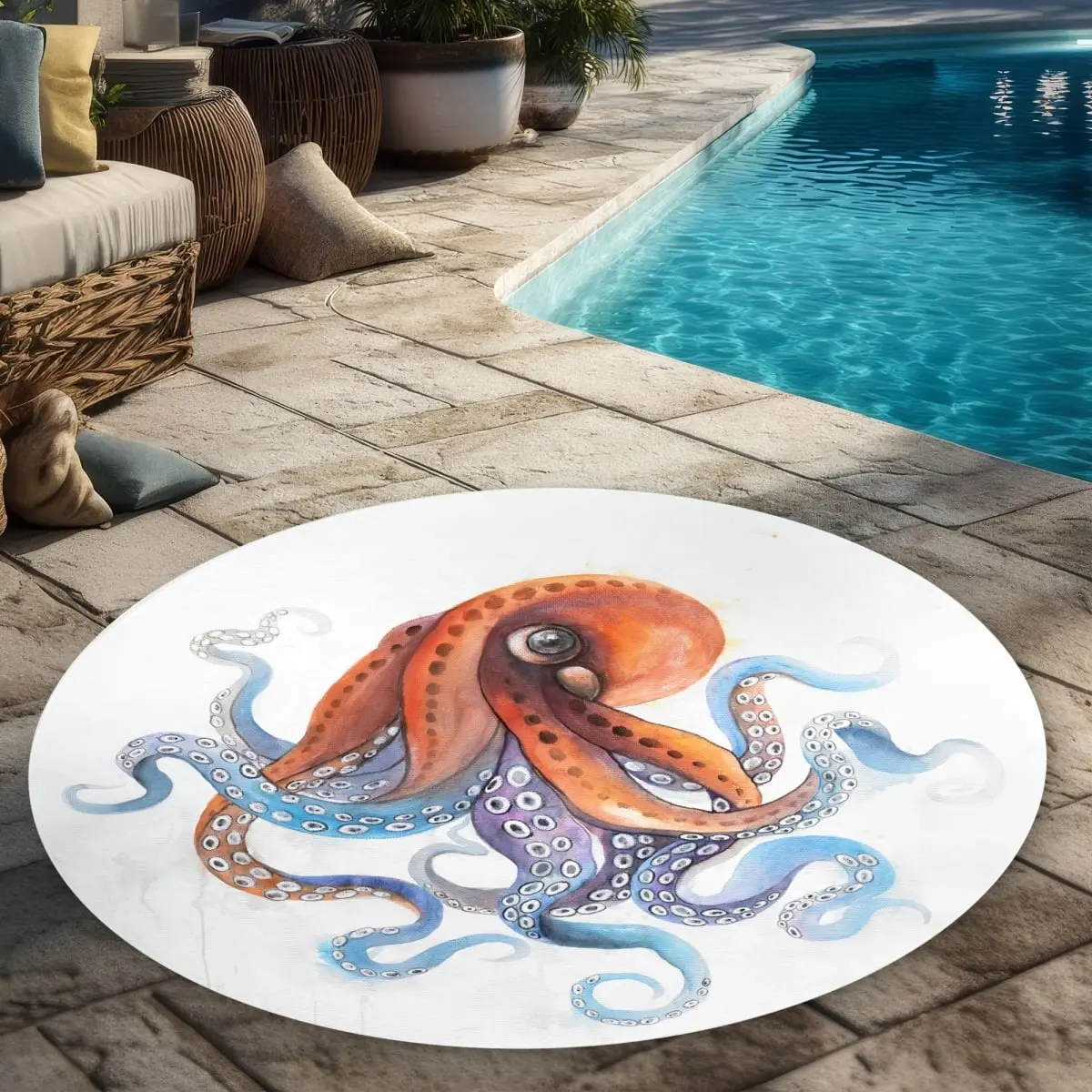 360 stand Round Fun Octopus Polyester Area Rug, 5x5 ft Large Soft Textile Carpet, Aquatic Themed Living Room Soft Furnishing (Model C1COAR553VDQLC), Polyester Rug, Child-Friendly Area Rugs